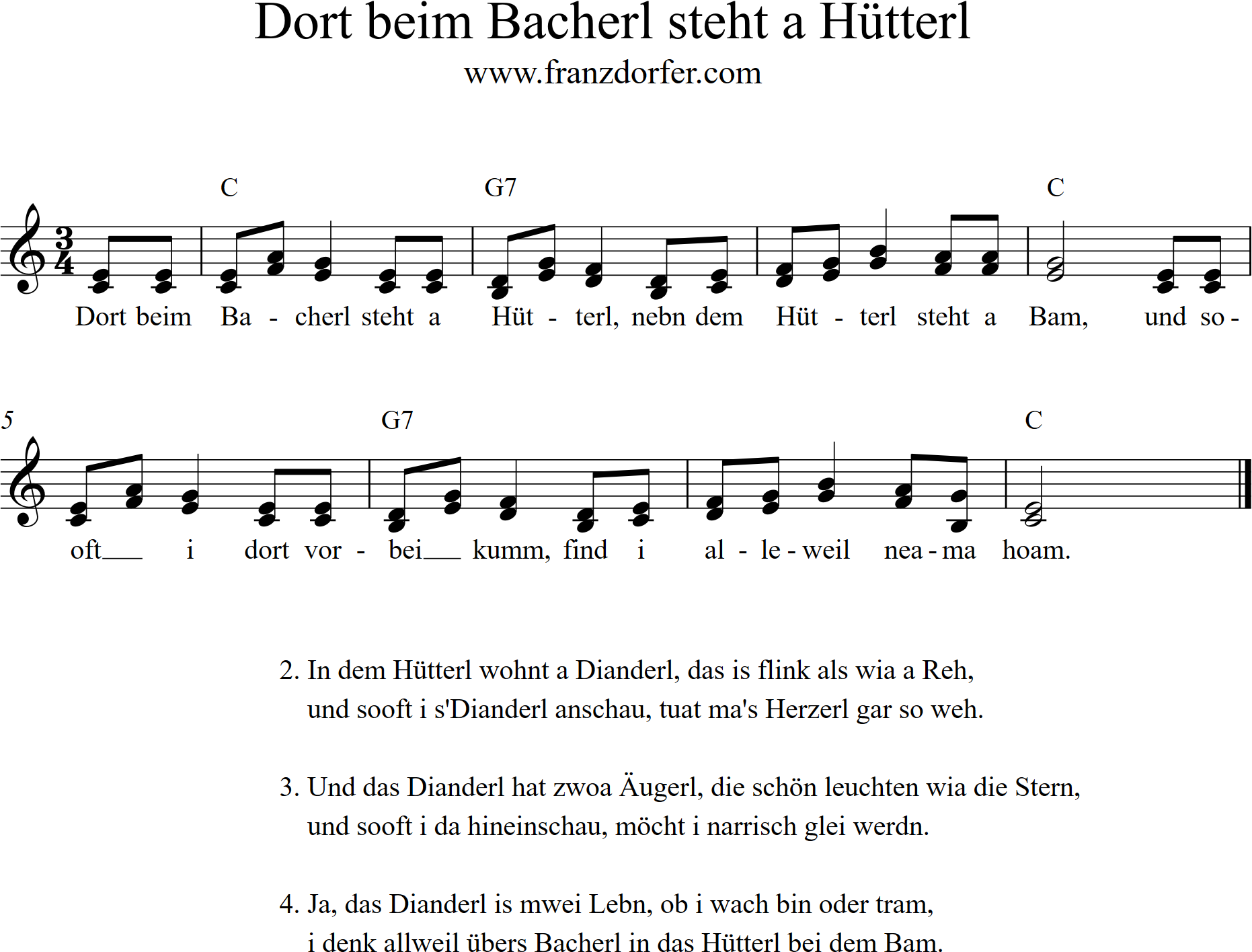 Noten, Akkorde, Text, Dort beim Bacherl steht a Hütterl